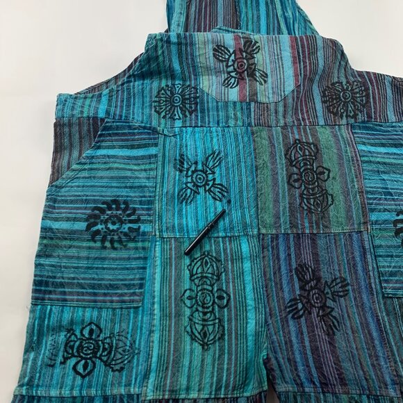 Vintage Wevez Turquoise Striped Cotton Stamp Print Relaxed Overalls One Size - Picture 4 of 9